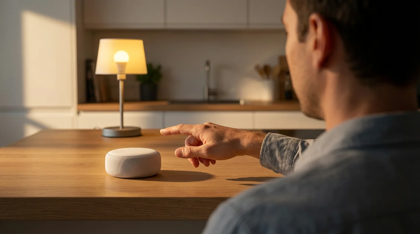A person uses a voice assistant smart speaker to turn on a smart bulb.