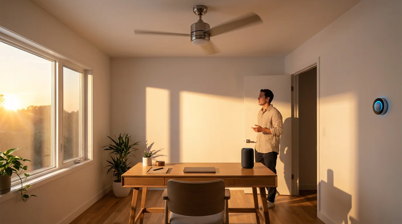A person using a smart speaker to turn on a ceiling fan in a sunny home office.