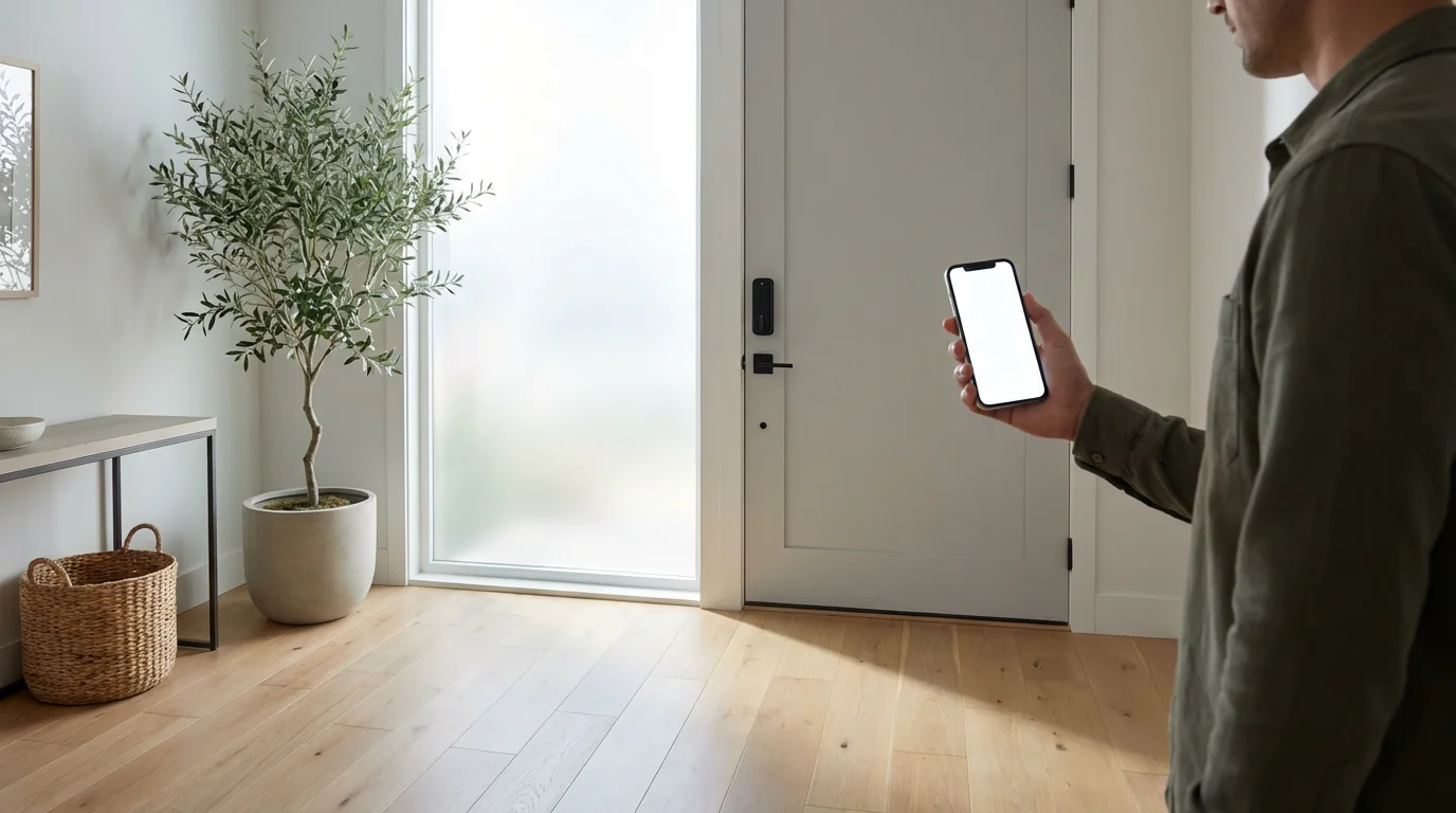 A person using a smartphone to access a smart lock on a modern home's front door.