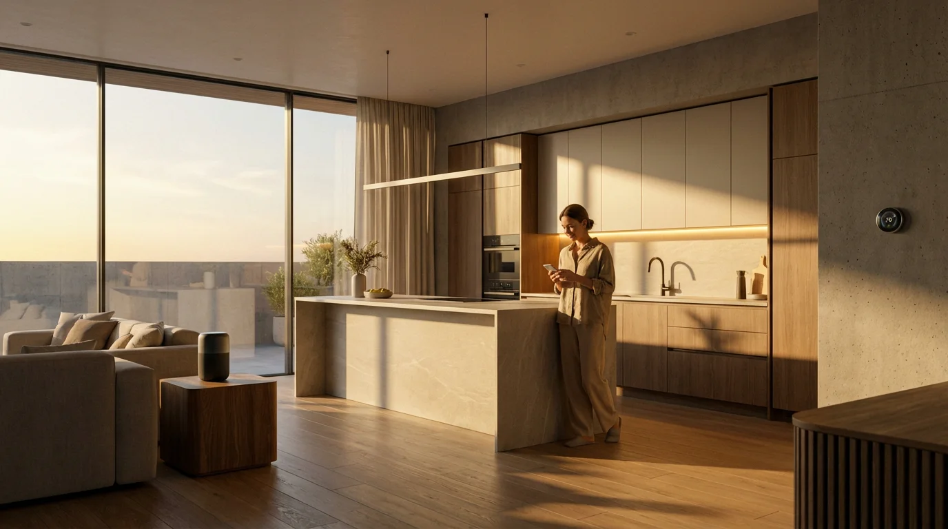 A person using a smartphone to control lights and devices in a modern smart home at sunset.