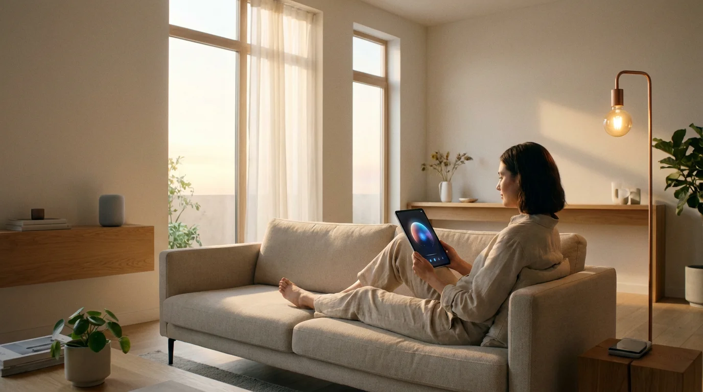 A person using a tablet in a modern smart home living room with integrated devices.