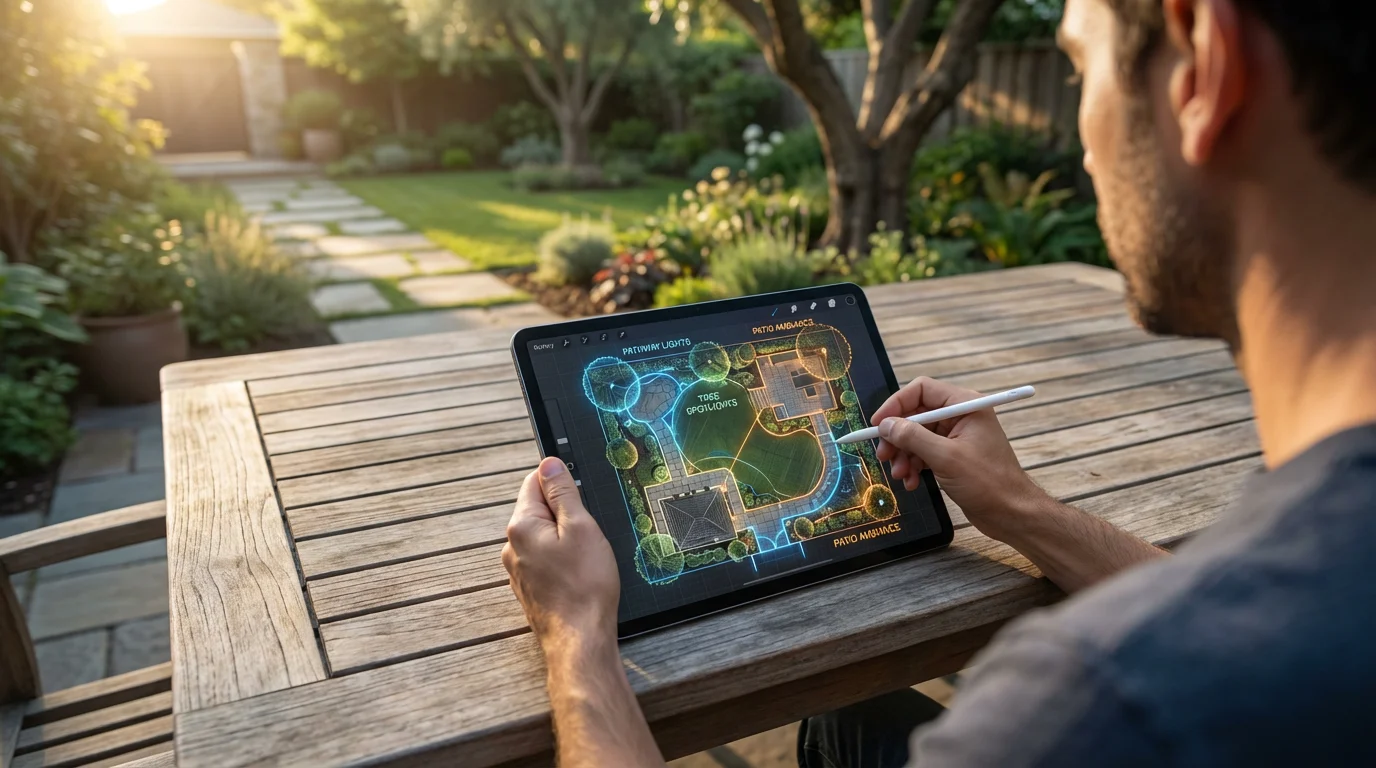 A person using a tablet to design a smart lighting plan for their backyard.