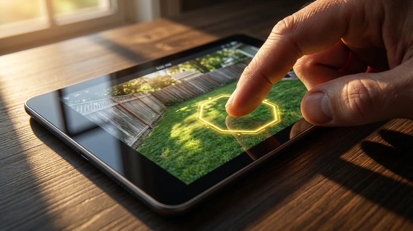 A person's finger drawing a virtual motion detection zone on a security camera app.