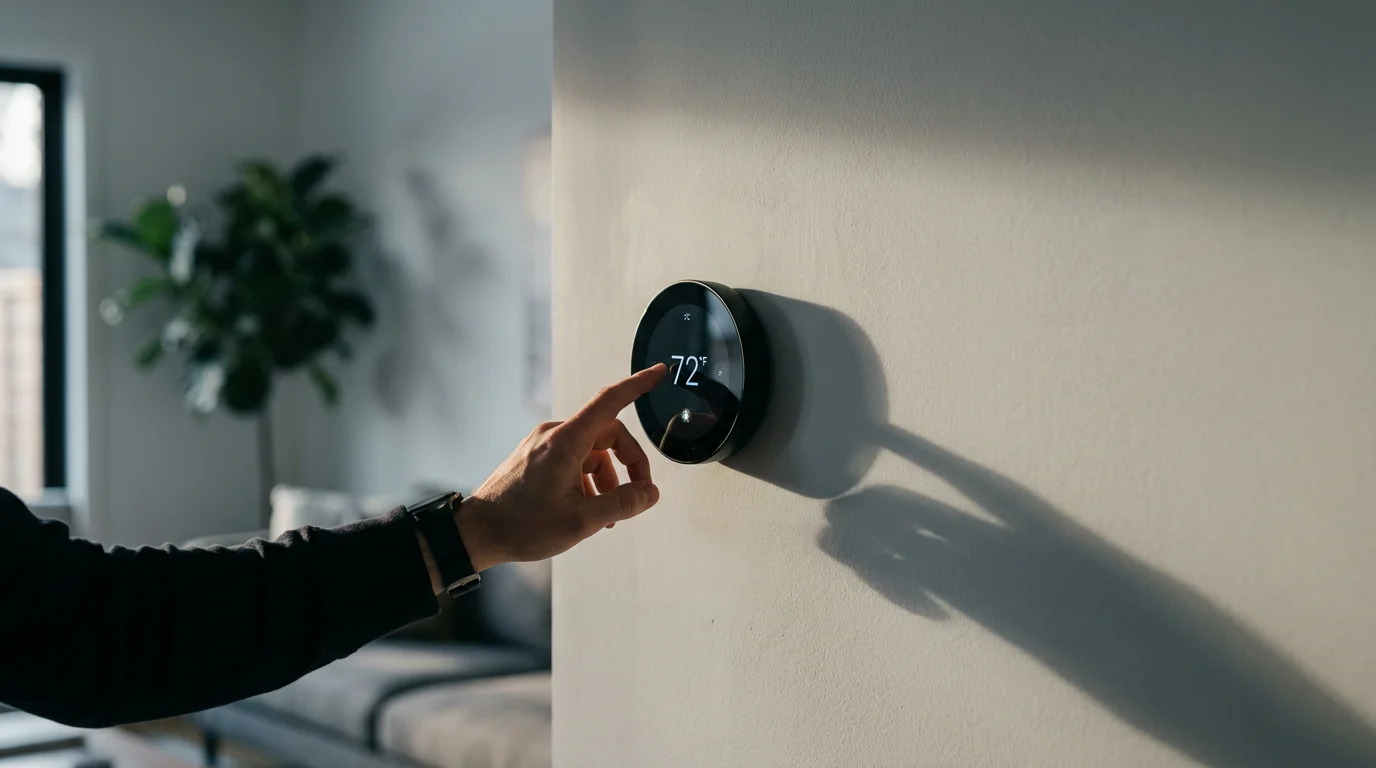 A person's hand adjusting a modern smart thermostat on a wall during the afternoon.