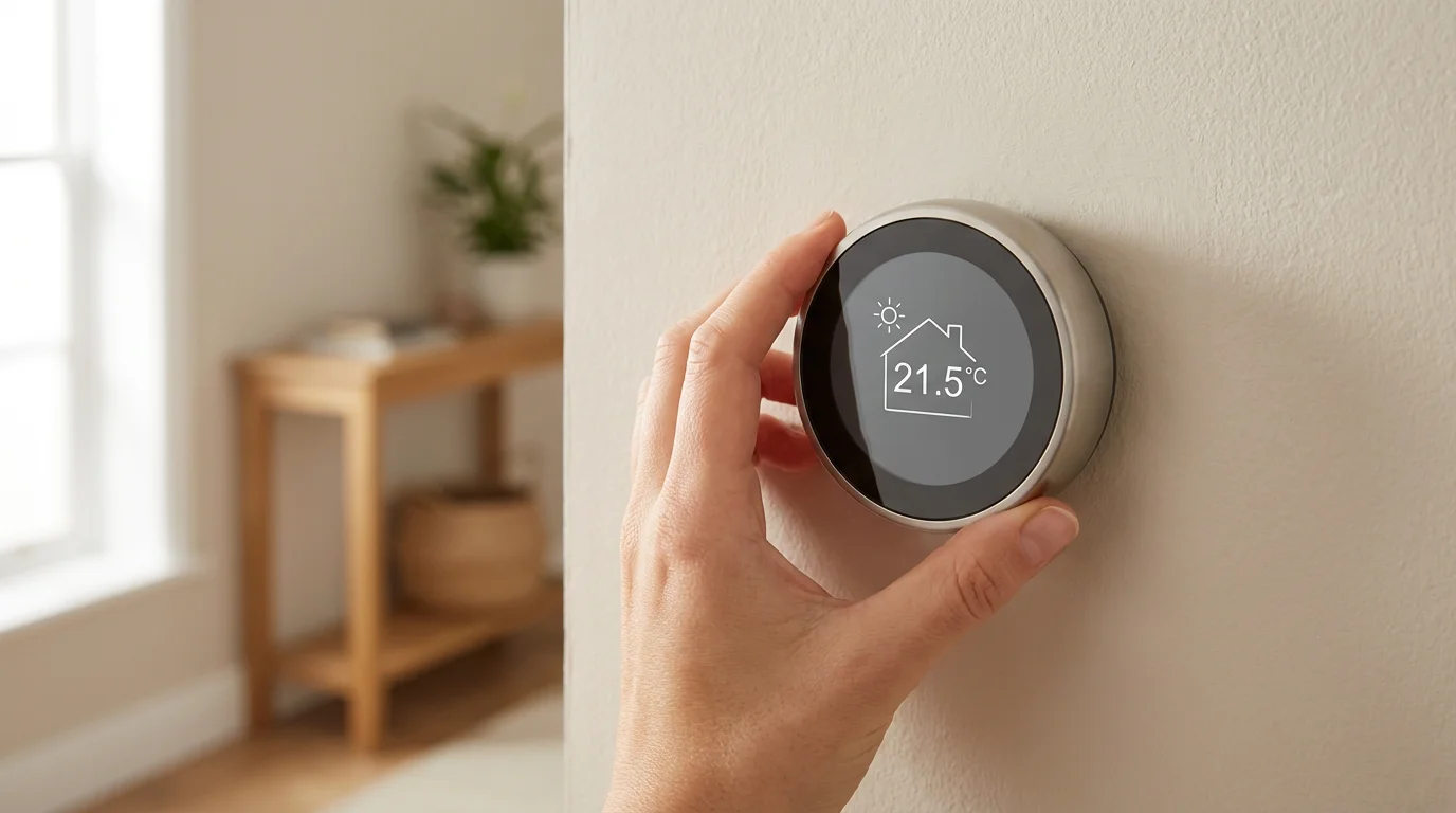 A person's hand adjusts a modern, circular smart thermostat on a wall in a home.