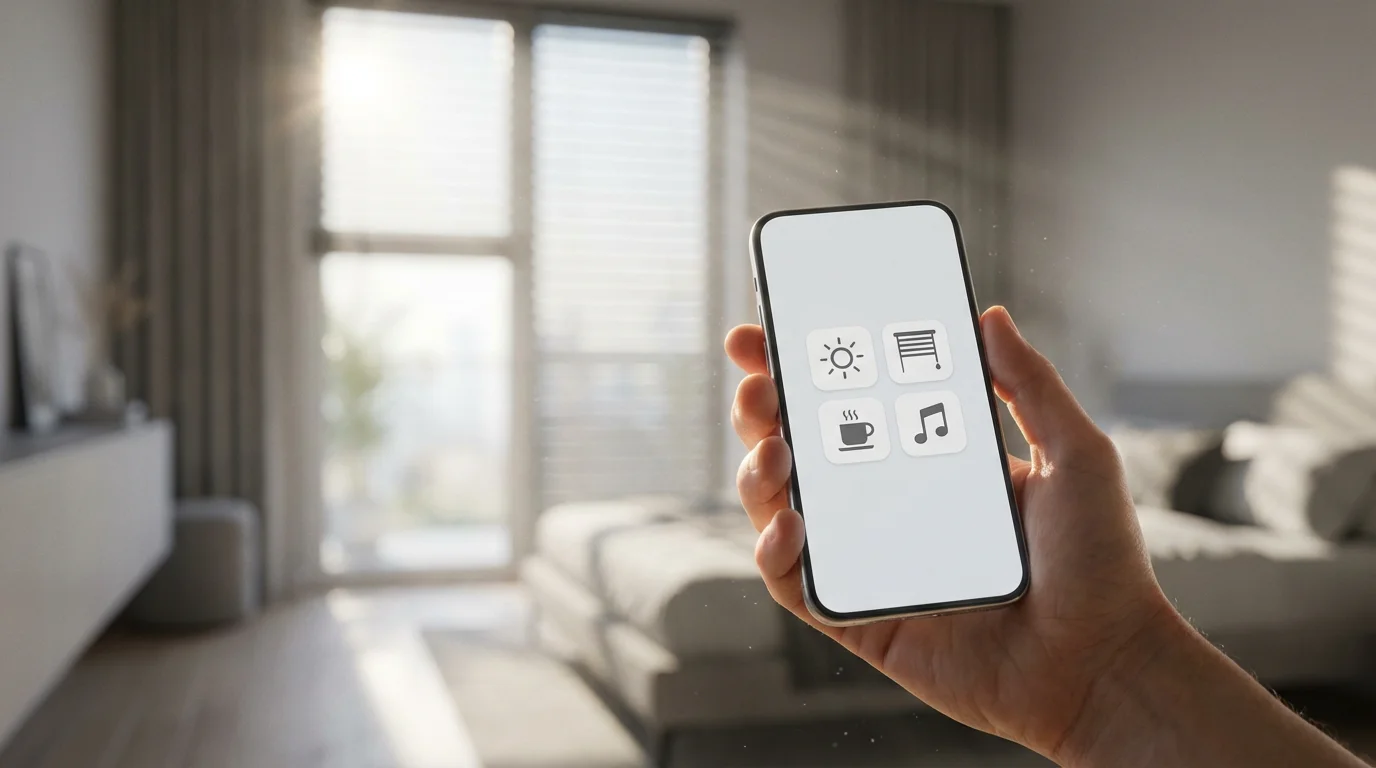 A person's hand holding a phone to open automated blinds in a bedroom.
