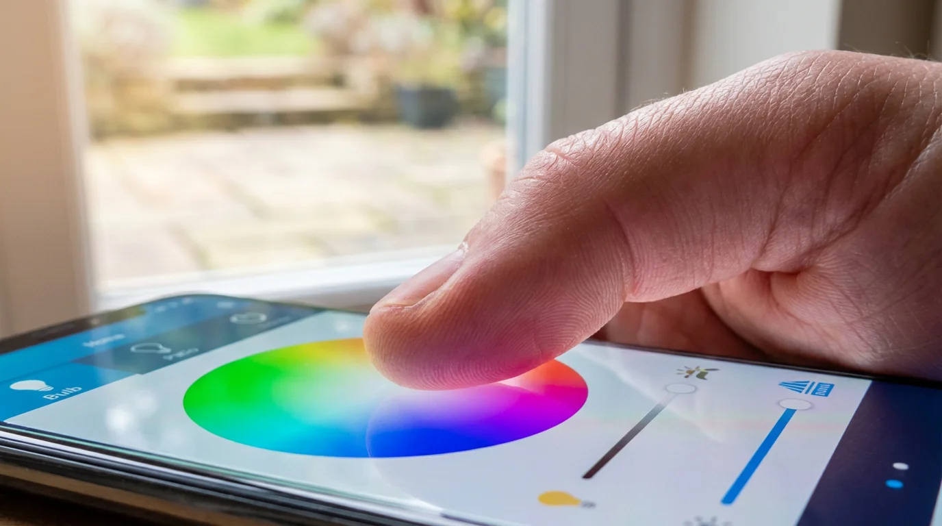A person's hand holding a smartphone, adjusting the color of their outdoor smart lights.