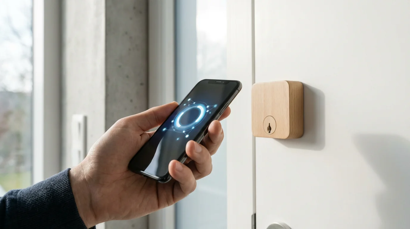 A person's hand holding a smartphone to set up a new smart lock.