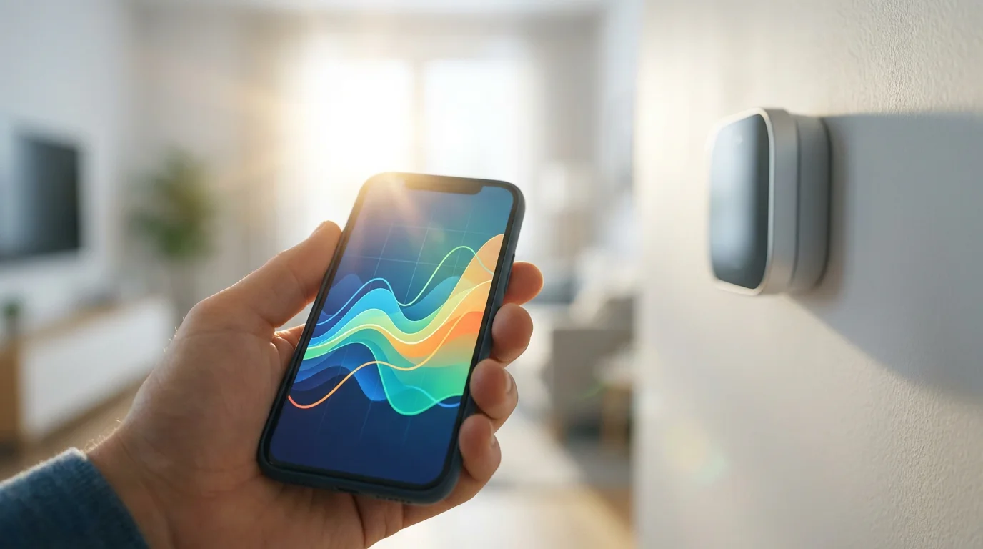 A person's hand holding a smartphone with an energy report in a modern home.