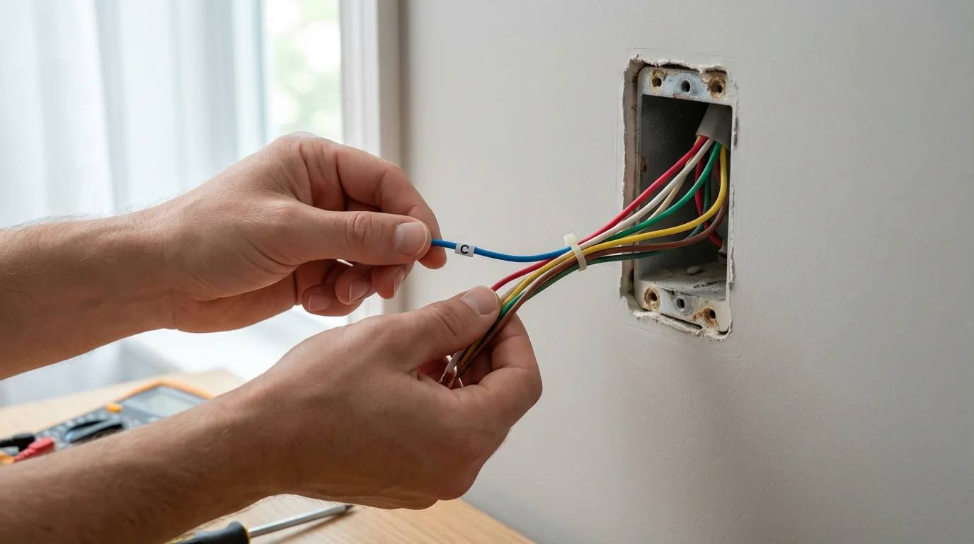 A person's hand holding colorful thermostat wires, including a blue C-wire, from a wall.