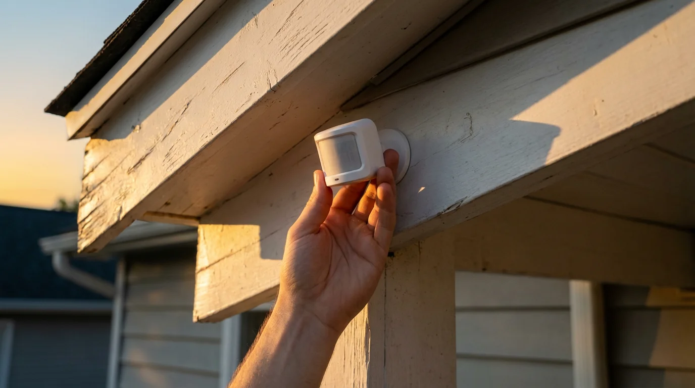 A person's hand mounts a white smart motion sensor underneath a porch eave.