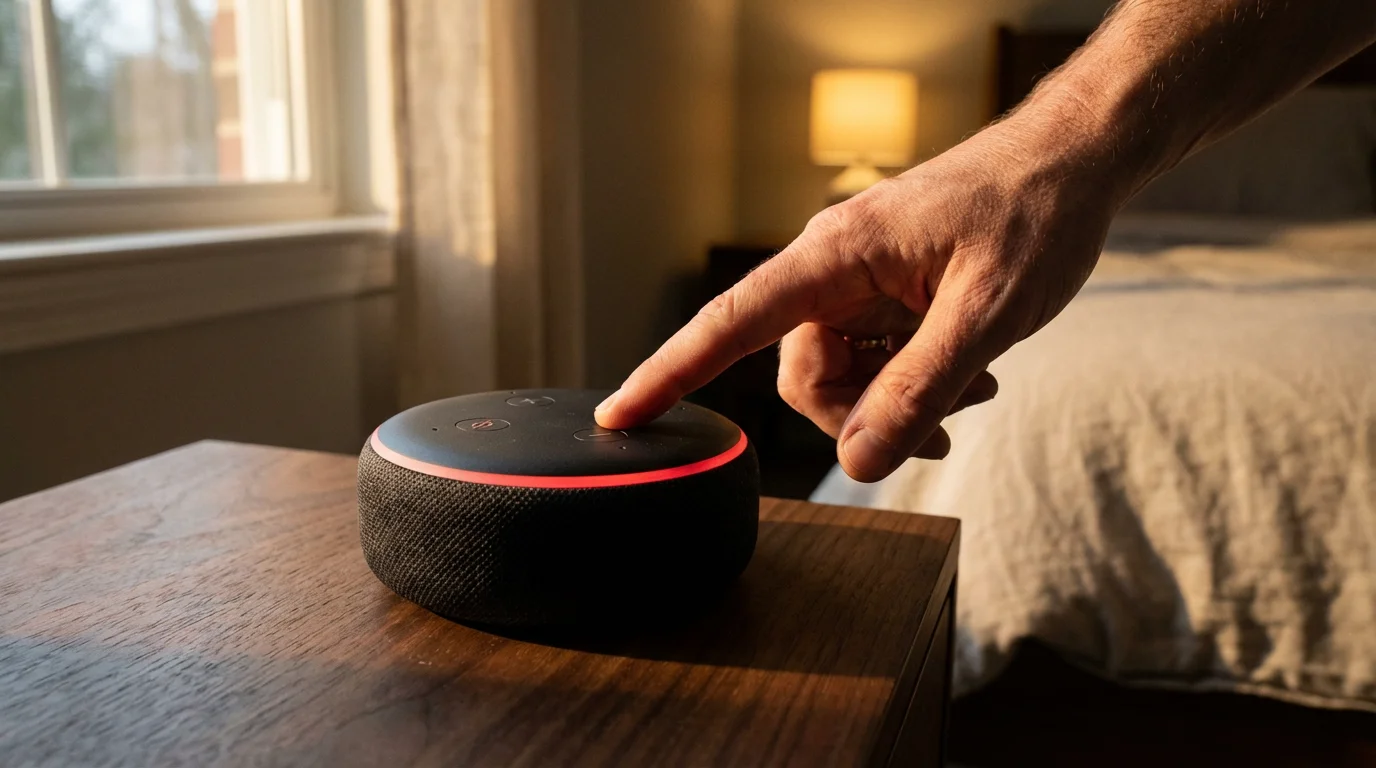 A person's hand pressing the red-glowing mute button on a smart speaker for privacy.