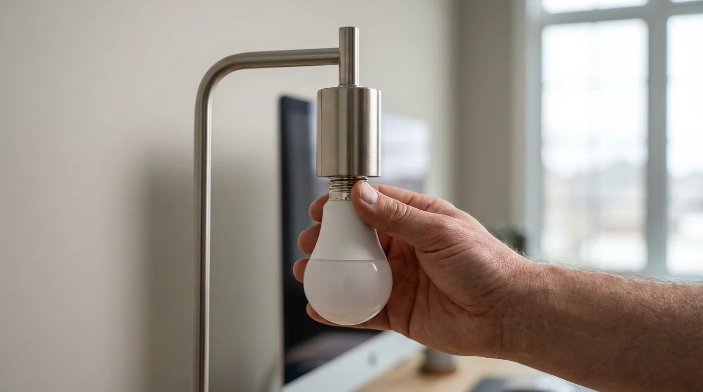 A person's hand screwing a smart light bulb into a modern desk lamp.