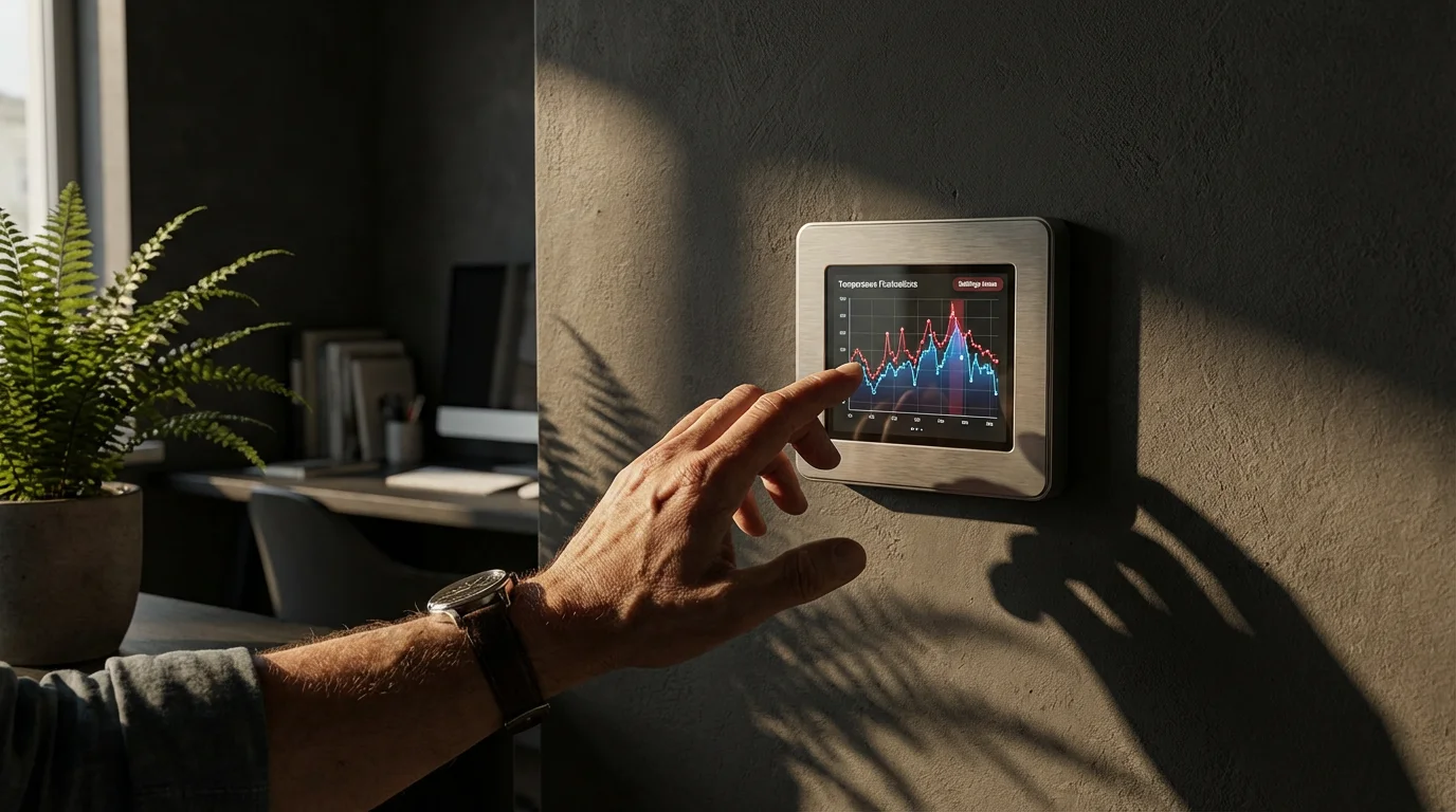 A person's hand troubleshooting a smart thermostat mounted on a dark wall with long shadows.