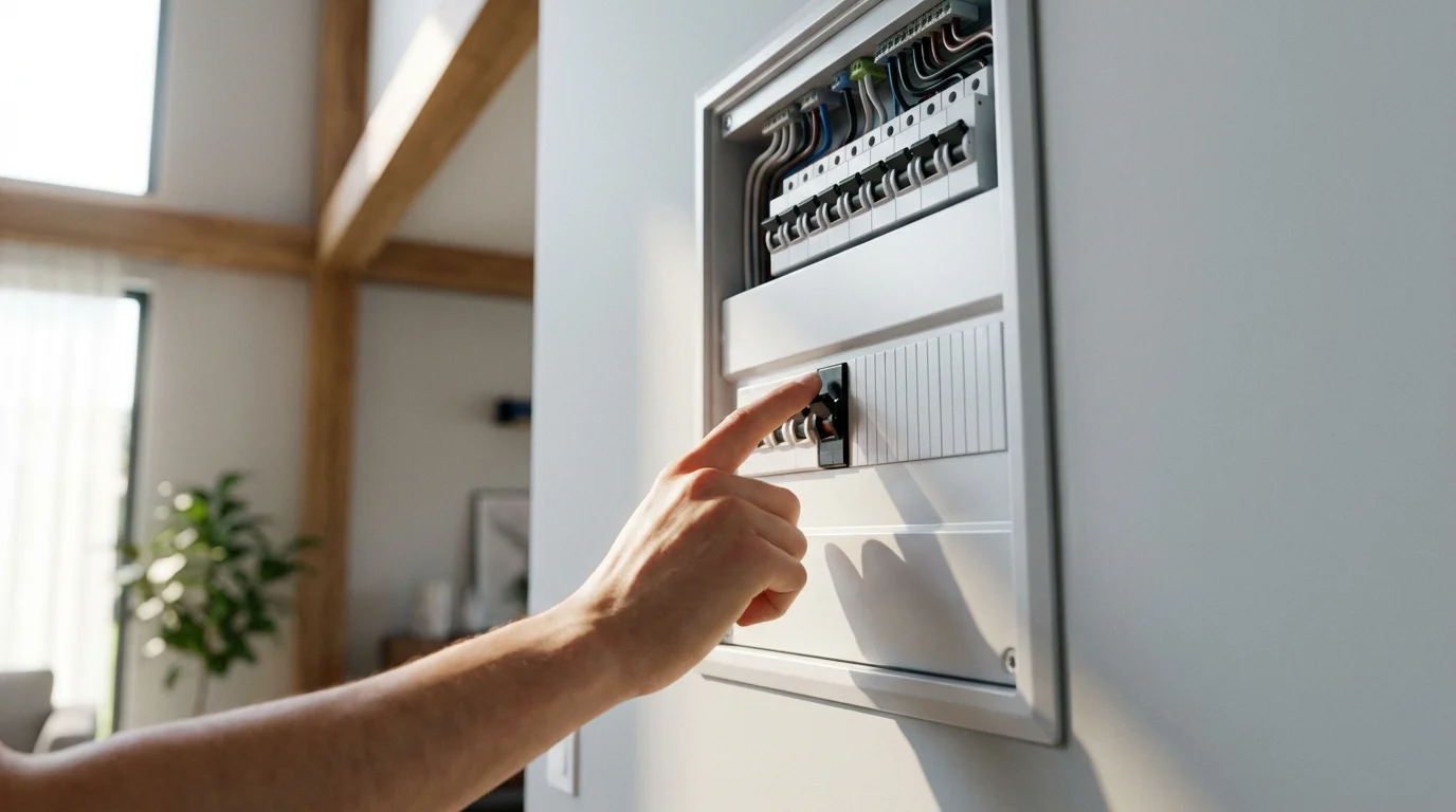 A person's hand troubleshooting by flipping a switch on a modern circuit breaker panel.