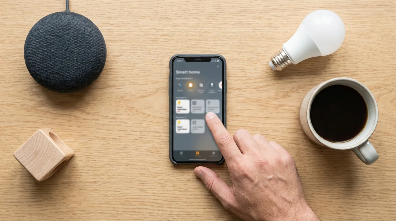 A person's hand using a smartphone next to a smart speaker and coffee.