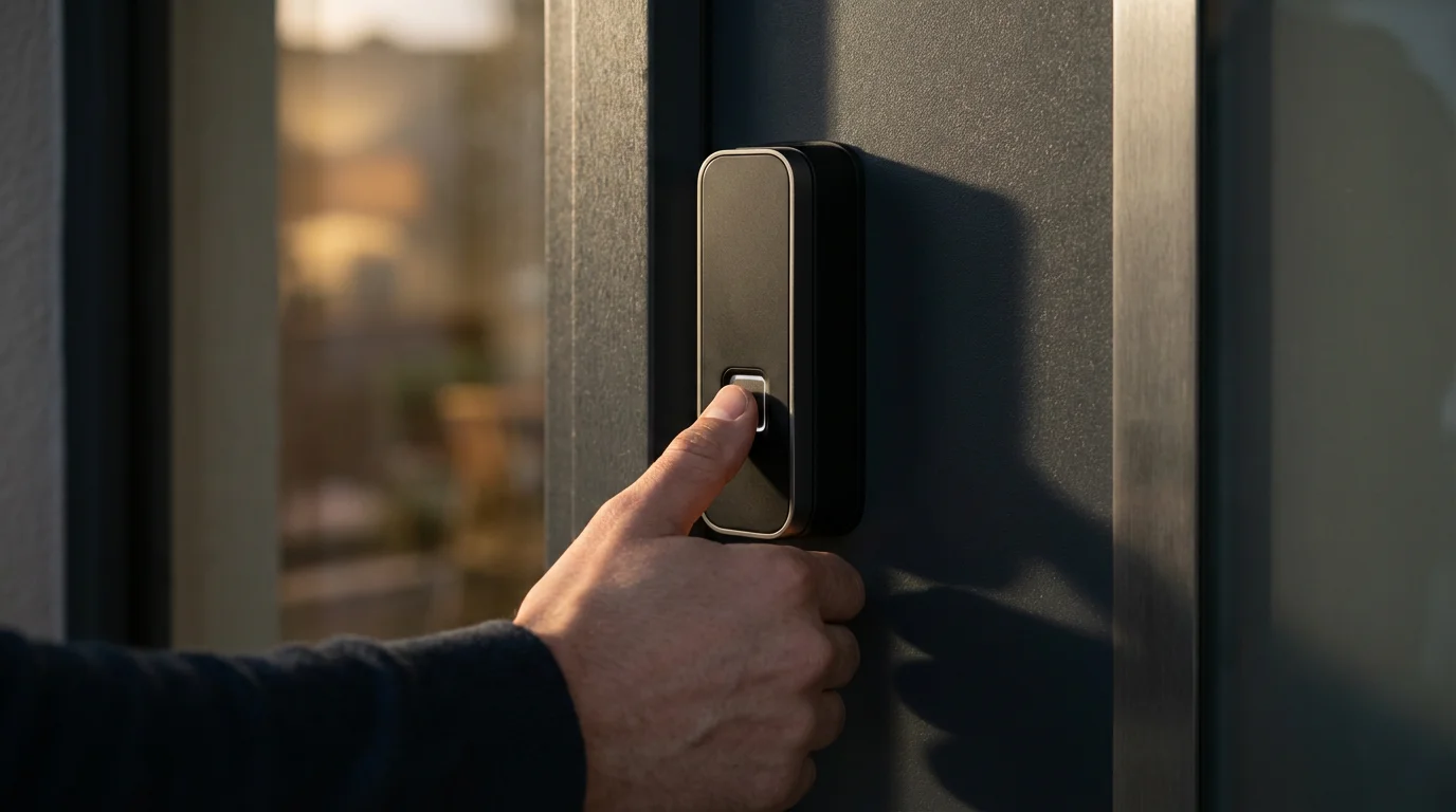 A person's hand using the fingerprint scanner on a modern smart door lock.