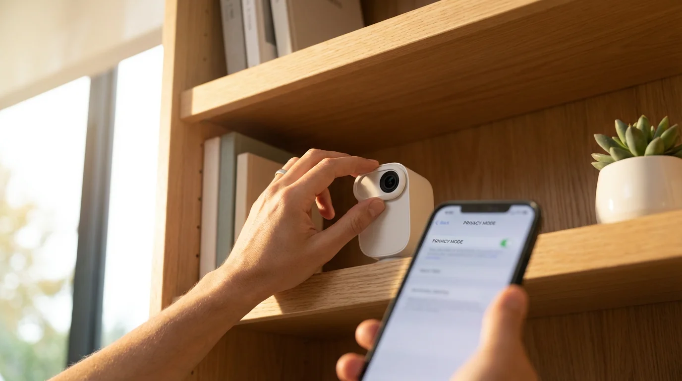 A person's hands adjusting the physical privacy shutter on a white smart home camera.