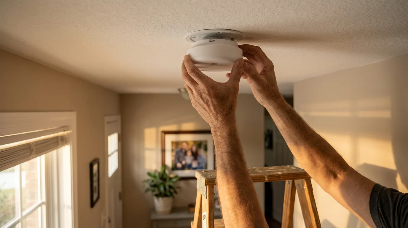 A person's hands carefully installing a modern white smart smoke detector onto a ceiling.