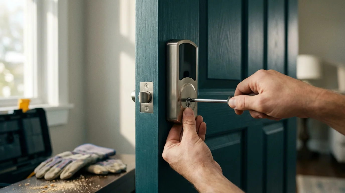 A person's hands carefully installing a modern, brushed nickel smart lock onto a front door.