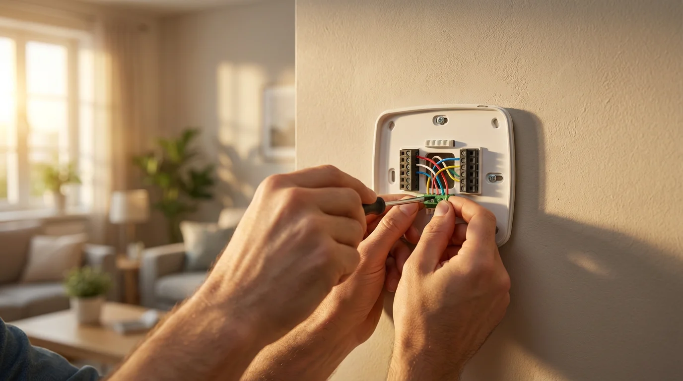 A person's hands carefully installing the wiring for a new smart thermostat.