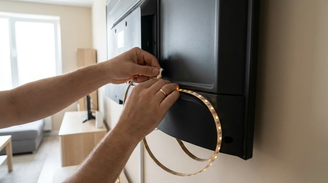 A person's hands carefully placing an LED light strip on the back of a television.