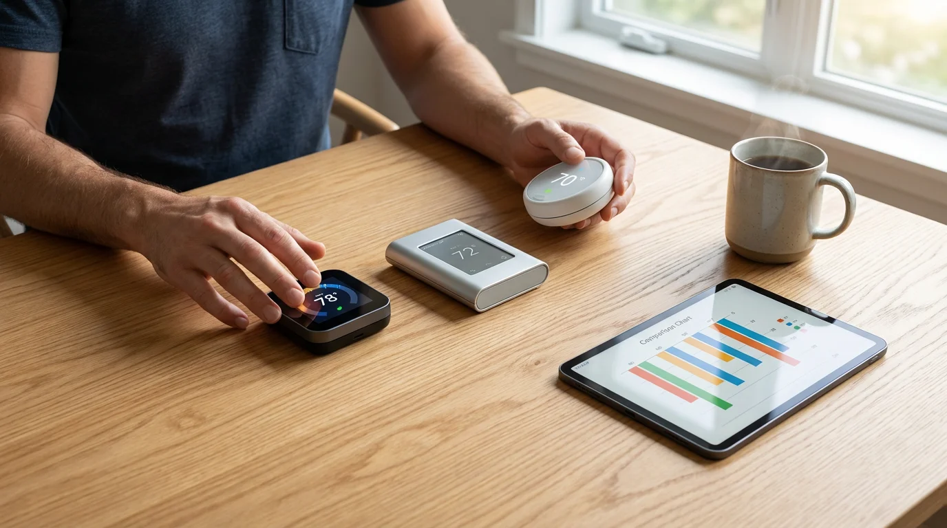 A person's hands choosing between three different smart thermostat models on a table.