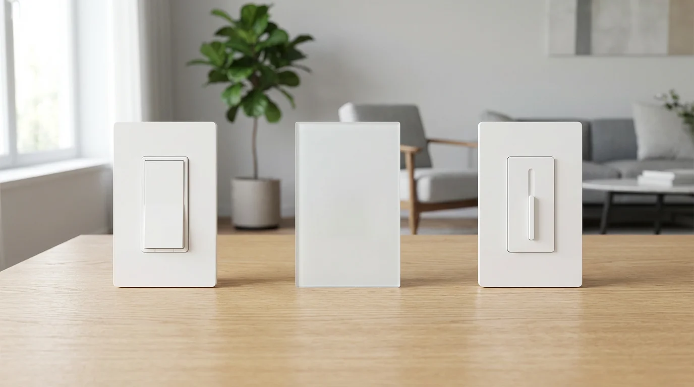 A person's hands comparing three different modern smart dimmer switches on a wooden table.