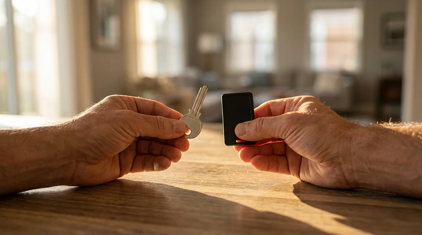A person's hands holding a single key and a blank security fob, symbolizing a choice.