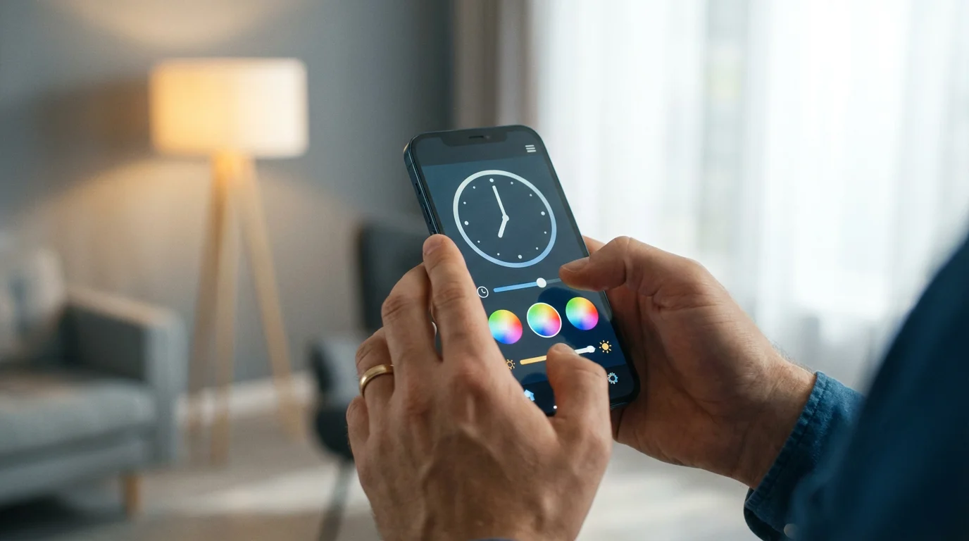 A person's hands holding a smartphone, setting a schedule for a smart lamp.