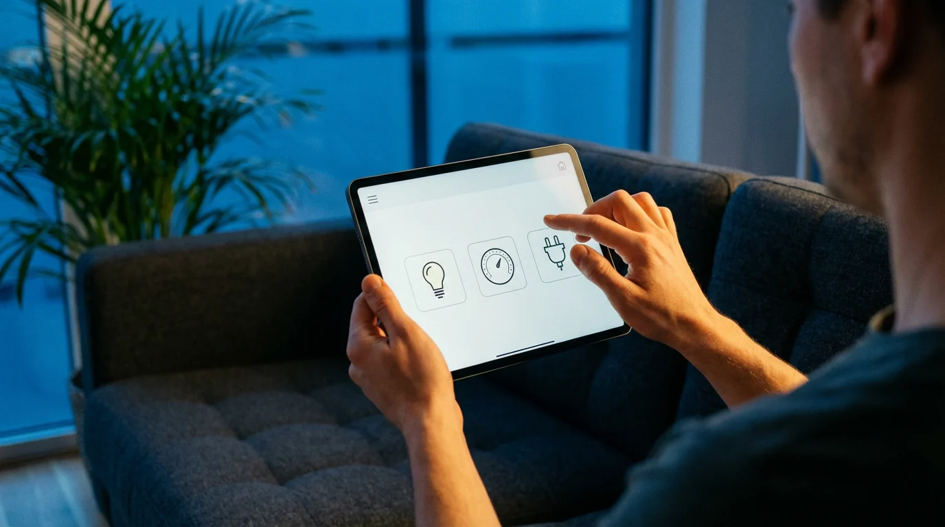 A person's hands holding a tablet, setting up a smart home energy-saving routine.