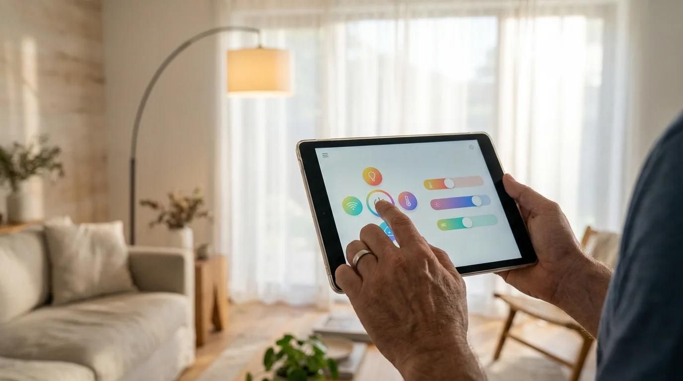 A person's hands holding a tablet with a smart home dashboard in a sunlit living room.