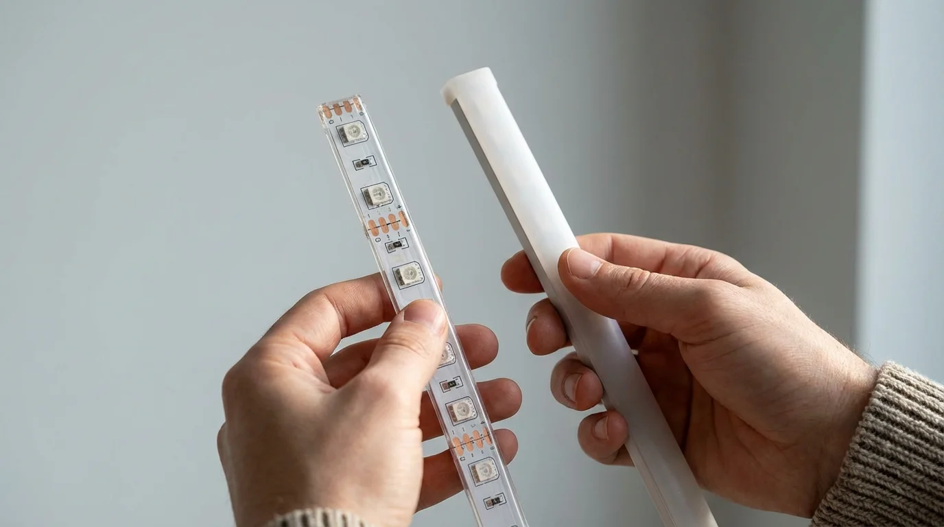 A person's hands holding and comparing two different types of smart LED strip lights.