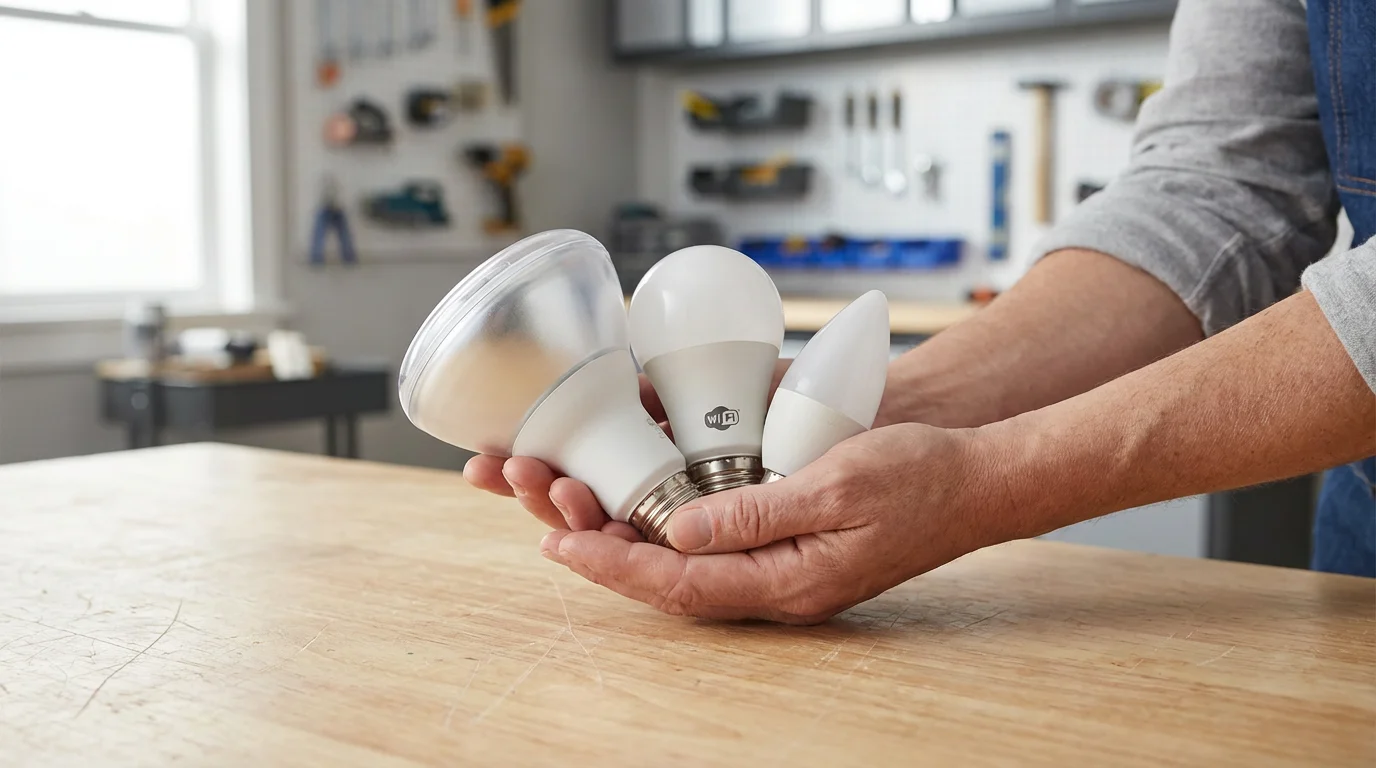 A person's hands holding three different types of smart light bulbs for comparison.