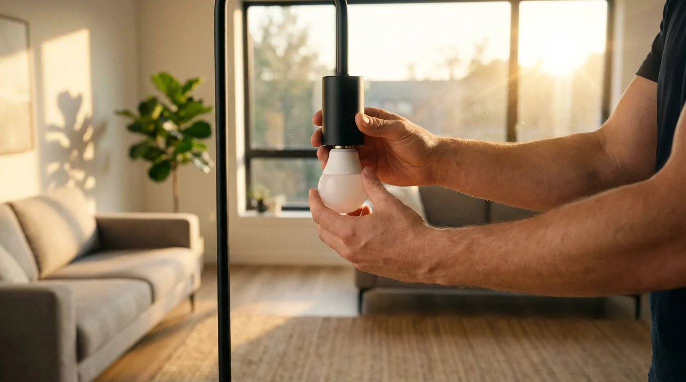 A person's hands installing a smart bulb into a modern floor lamp during sunset.