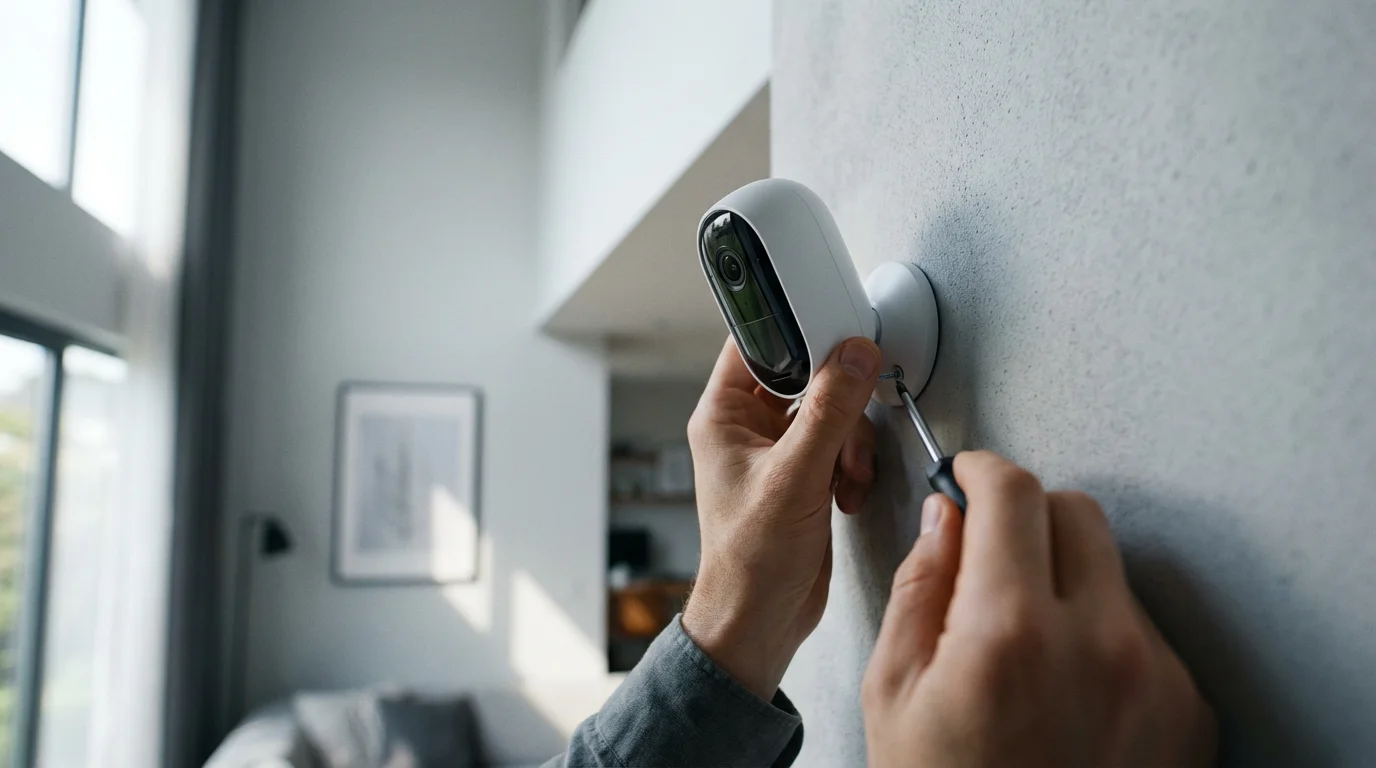 A person's hands installing a white DIY smart security camera on a home wall.