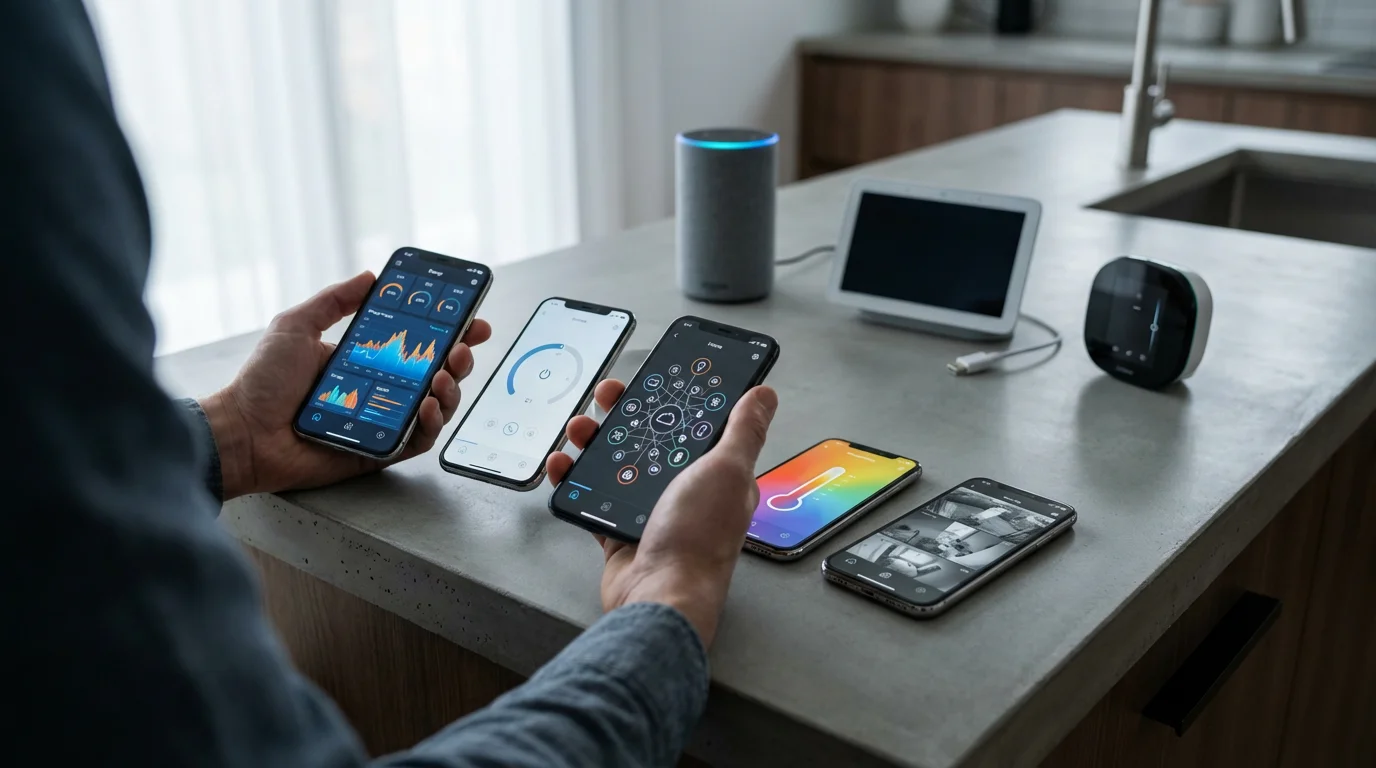 A person's hands juggling multiple smartphones displaying different, incompatible smart home control apps.