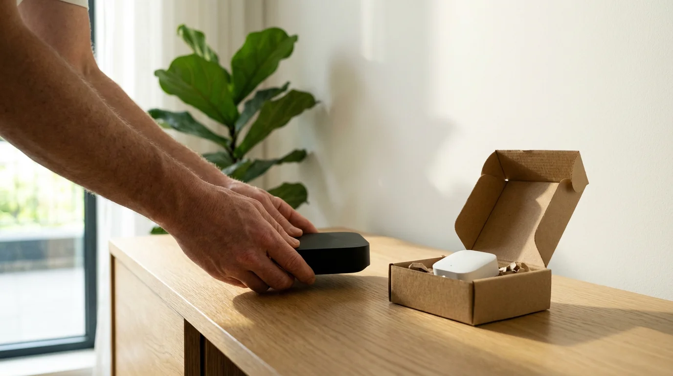 A person's hands placing a new smart home hub on a wooden console table.