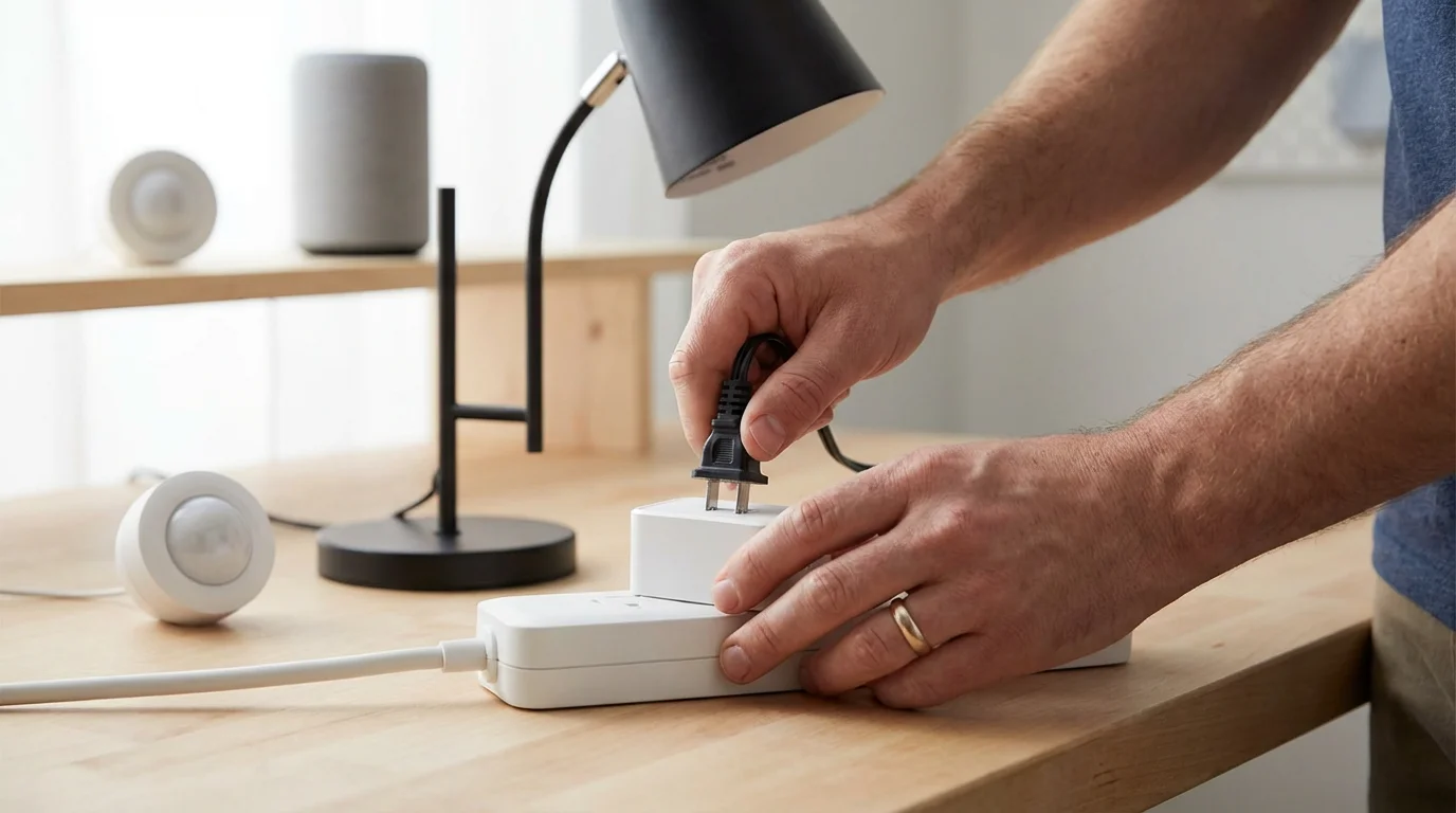 A person's hands plugging a lamp into a smart plug on a desk for testing.