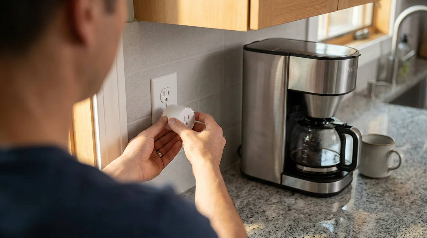 A person's hands plugging a smart plug into a kitchen wall outlet near a coffee maker.