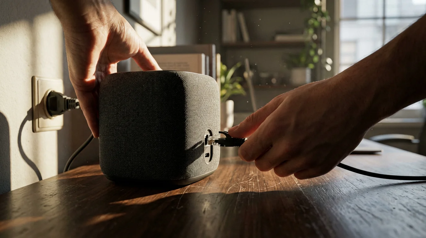 A person's hands plugging an ethernet cable into a smart home hub.