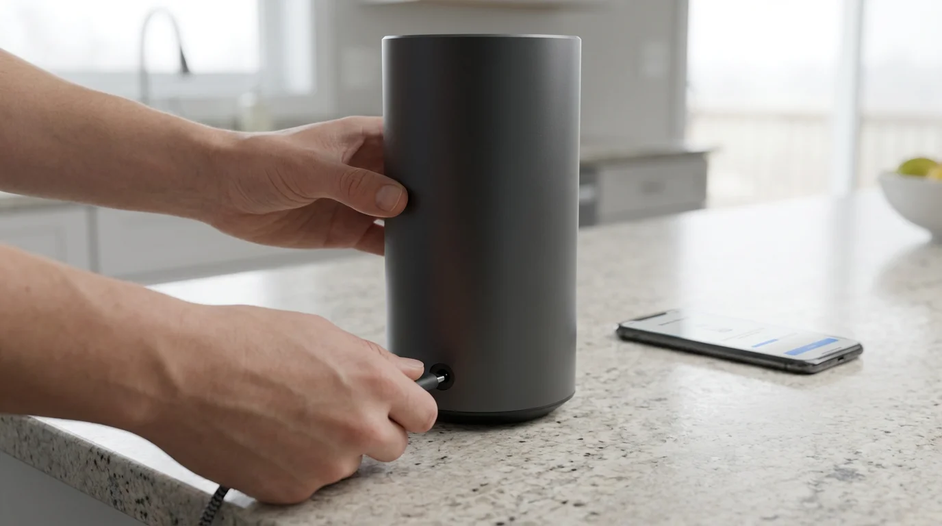 A person's hands plugging in a cylindrical smart speaker on a granite countertop.