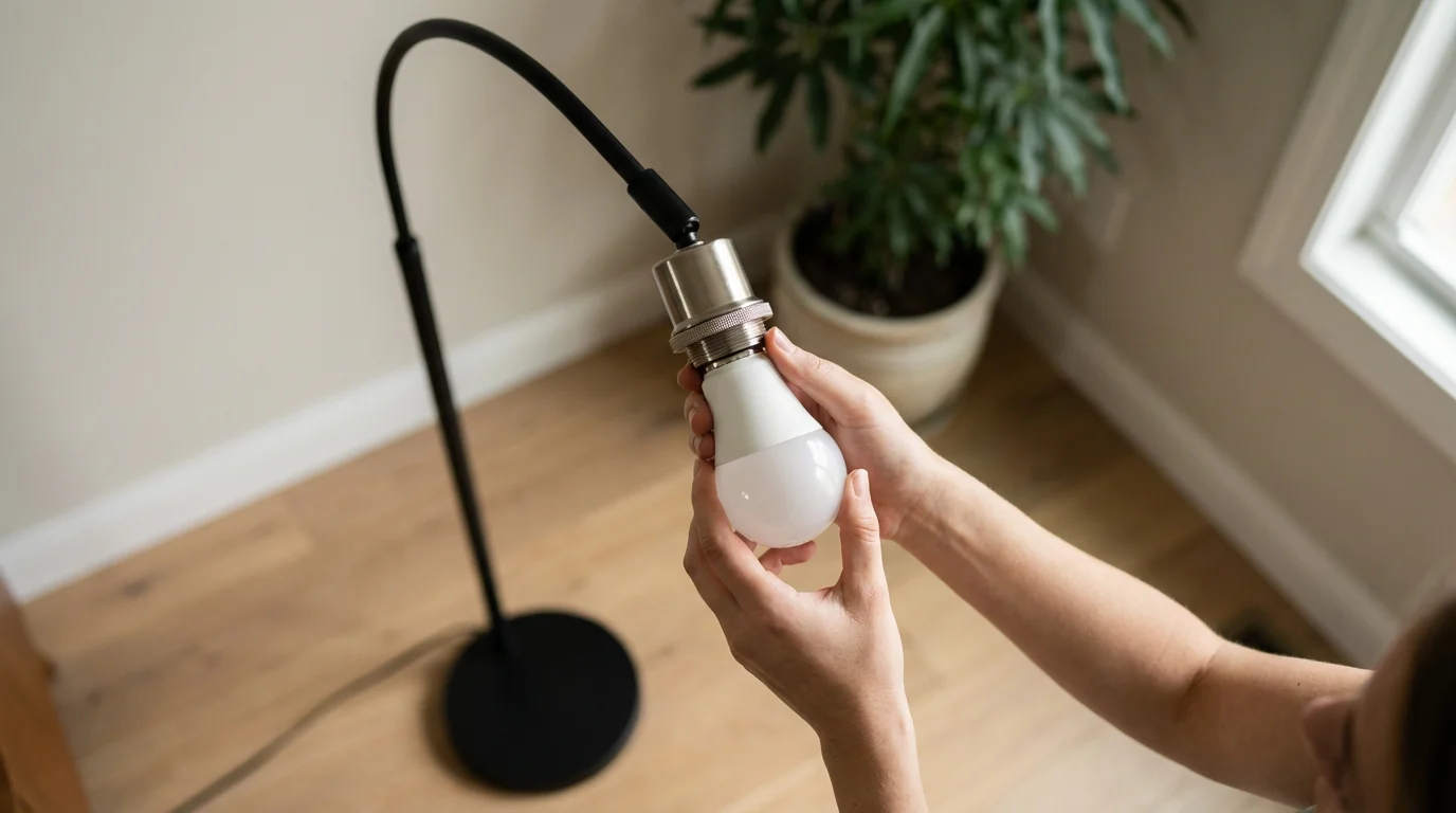 A person's hands screwing a smart light bulb into a modern floor lamp.