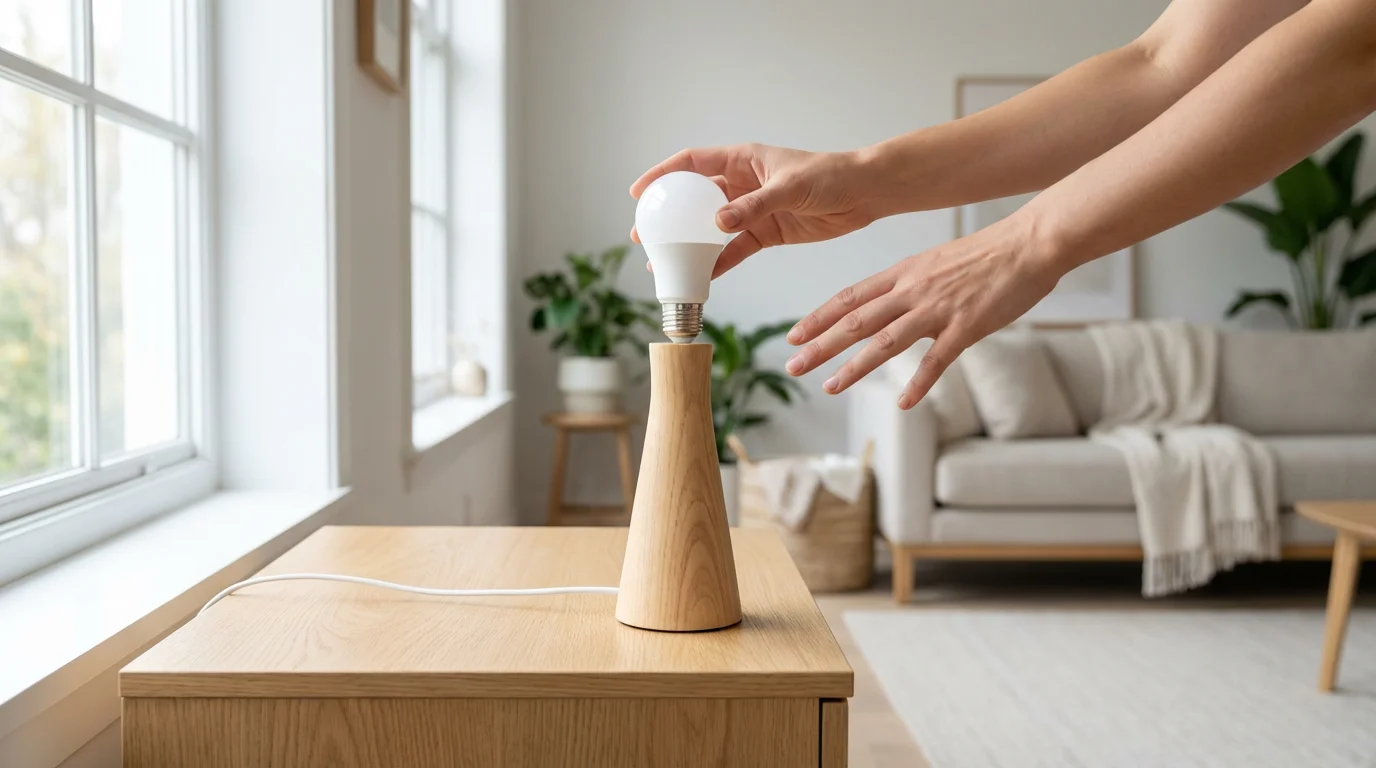A person's hands screwing a smart light bulb into a modern wooden table lamp.