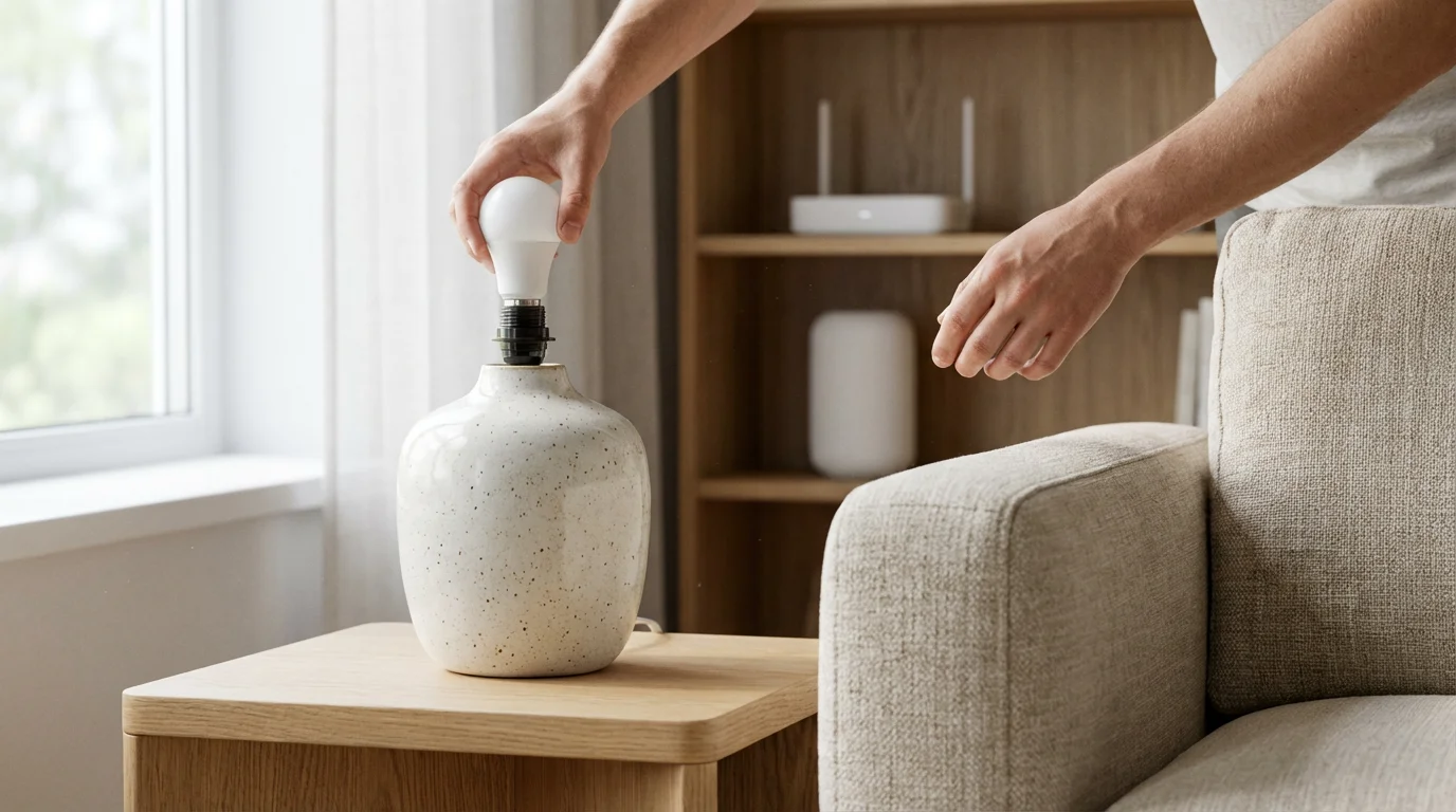 A person's hands screwing a standalone smart bulb into a table lamp near a router.