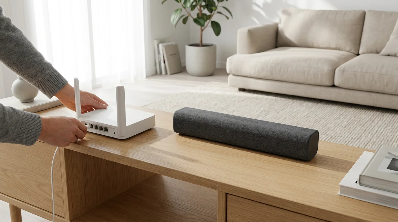 A person's hands troubleshooting a Wi-Fi router and smart speaker in a modern living room.