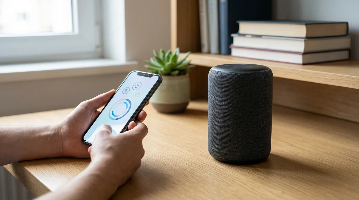 A person's hands use a smartphone to set up a new smart speaker on a desk.