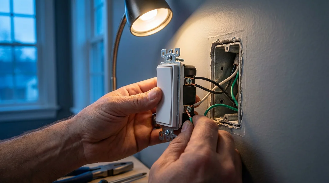 A person's hands wiring a modern smart light switch into a wall box.
