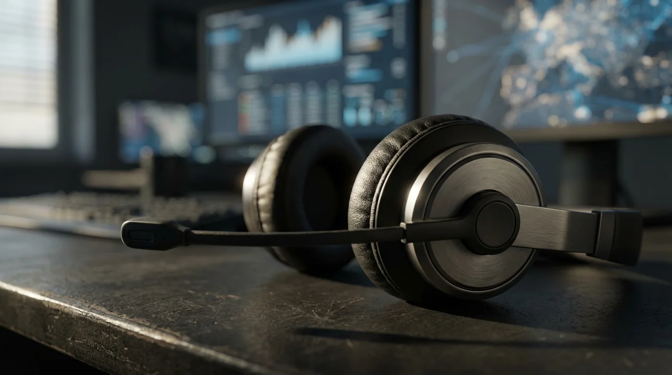 A professional headset rests on a desk in a security monitoring station with moody lighting.