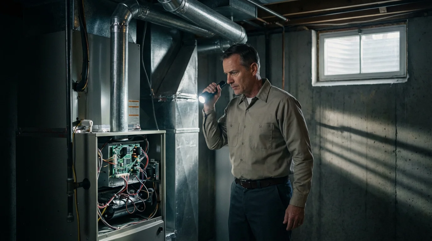 A professional HVAC technician inspects the complex wiring inside a home's furnace unit.